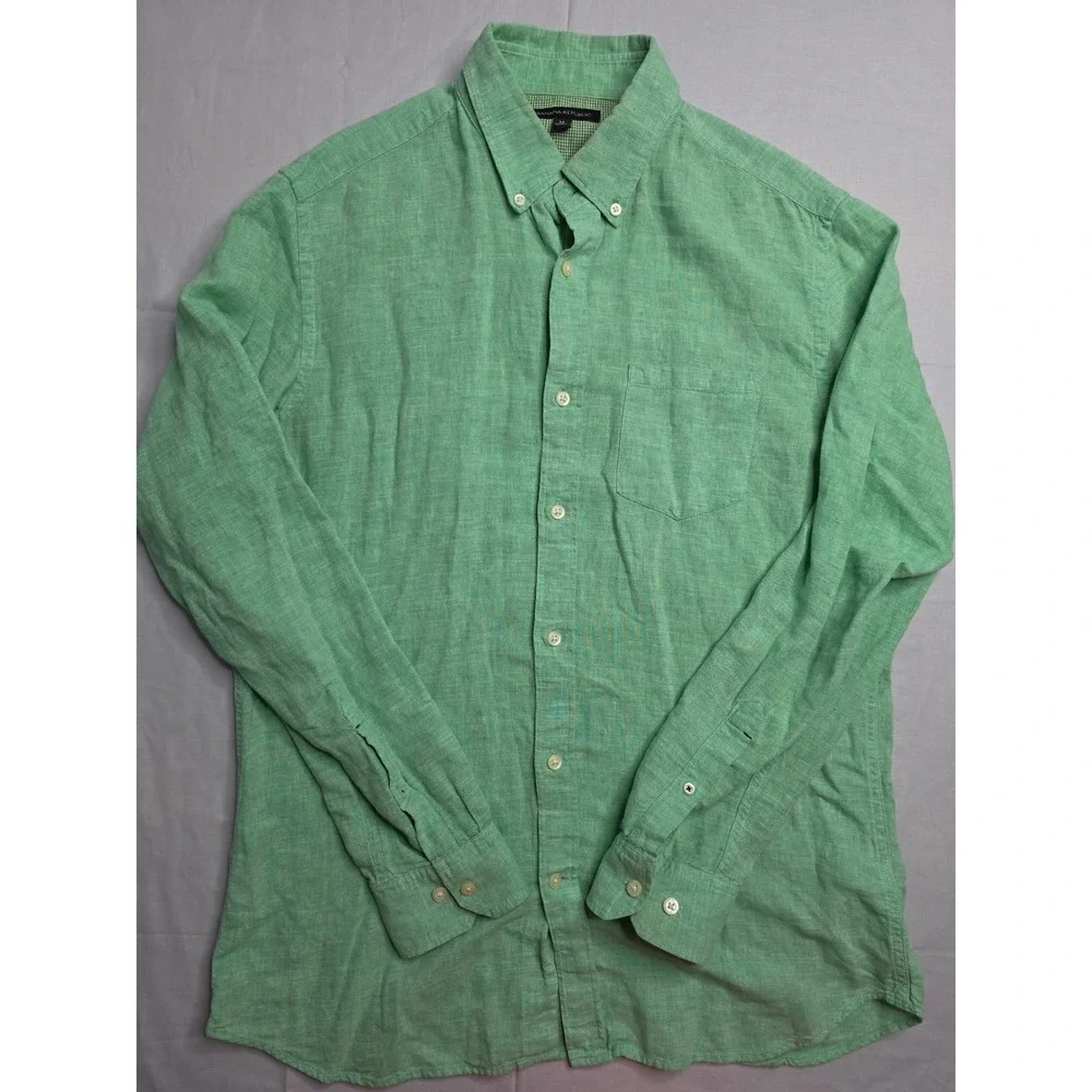 Banana Republic Shirt Men's Medium Green Linen Long Sleeve Button-Down Casual